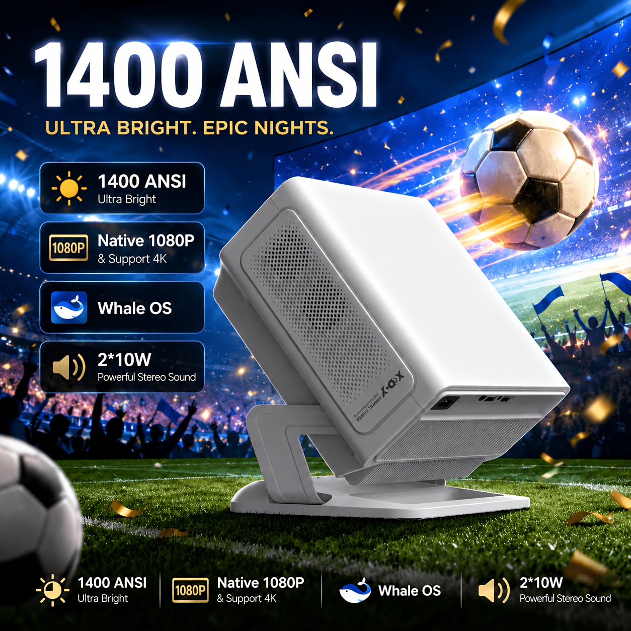 Image of Xgody 2026 Smart Rotatable Projector, Local 1080p, 4k Video Support, 1400 Ansi , Whale Os, Wifi 6 & Bt 5.4, Dual 10w Built-in Stereo Speakers, Portable Home Theater For Movies And