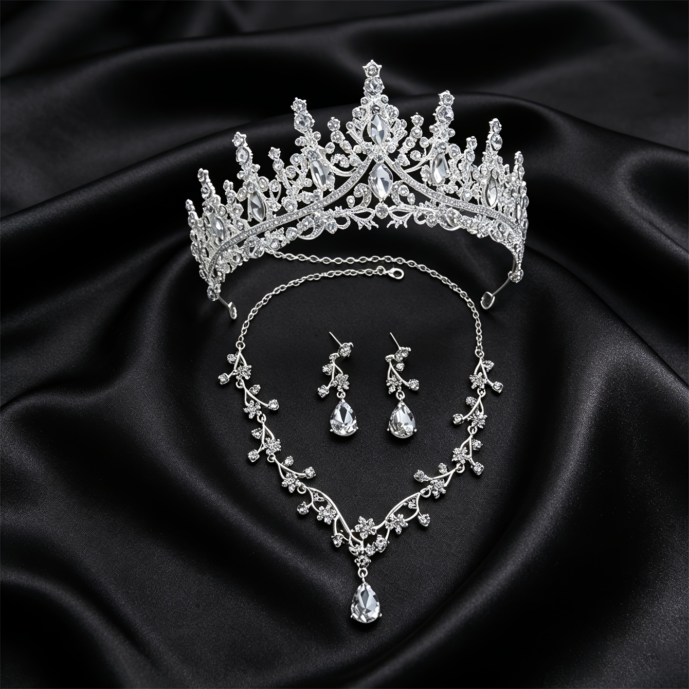 TEMU 3pcs Light Luxury Shining Silvery Crown Jewelry Three-piece Set, Bridal Wedding Veil Crown Necklace And Earring Set, Exquisite Elegant