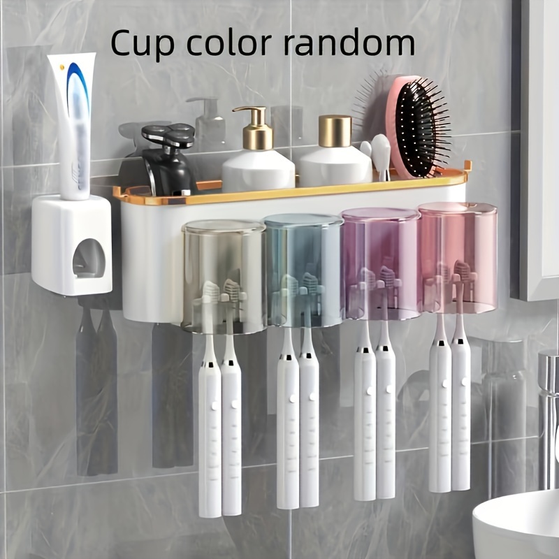 TEMU 1pc, Wall-mounted Toothbrush Cups, Bathroom Storage Rack, Toothpaste Organizer, -saving, For & Bathroom Use