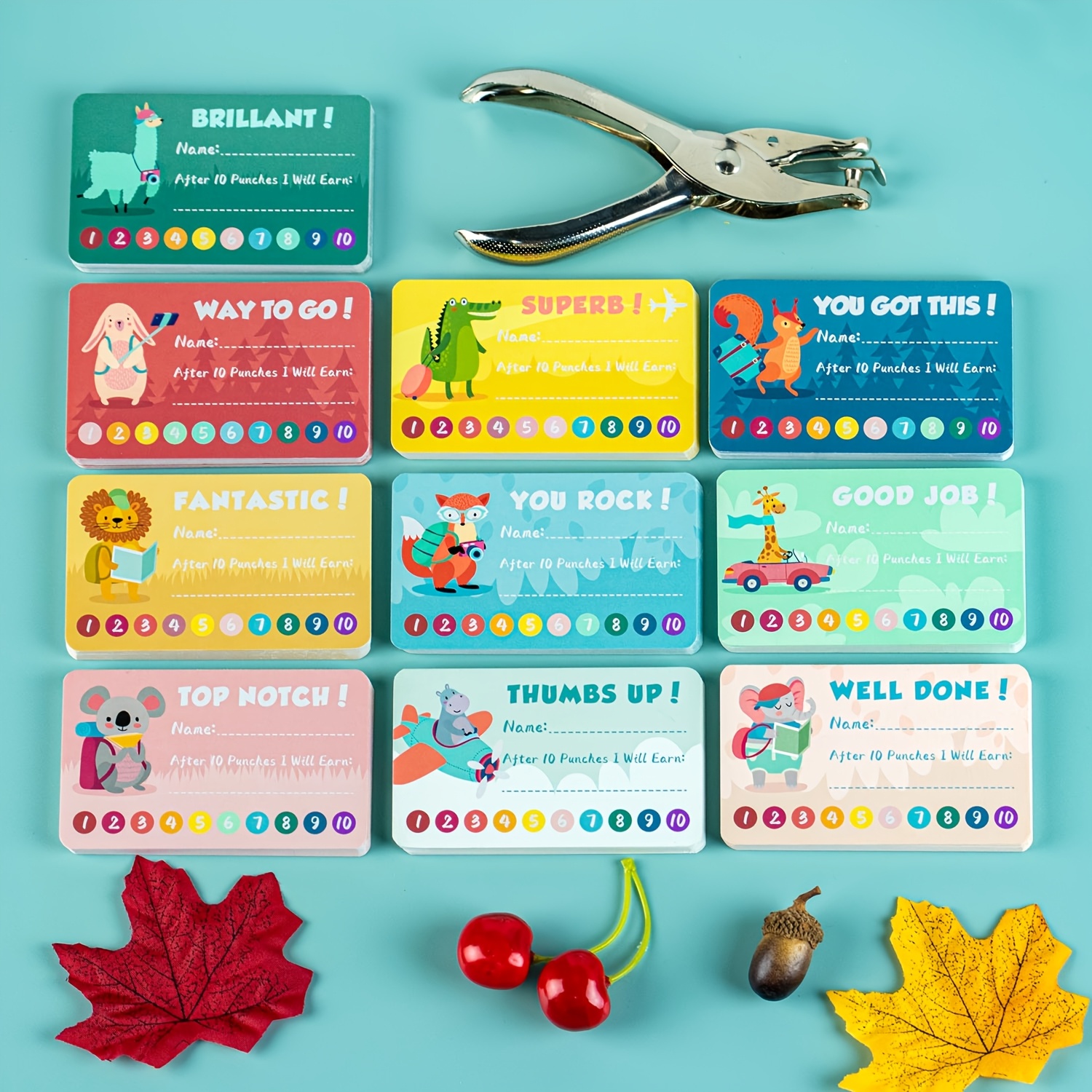 Image of 200pcs Animal Reward Cards & 1 Punch Hole Tool, 10 Cute Designs, Durable Cardstock For Student/teacher Motivation, Complete Tasks Goal