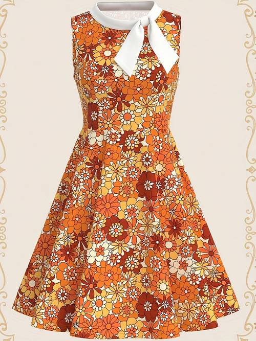 vintage orange floral tie back sleeveless dress retro style bright warm floral print fitted flared skirt