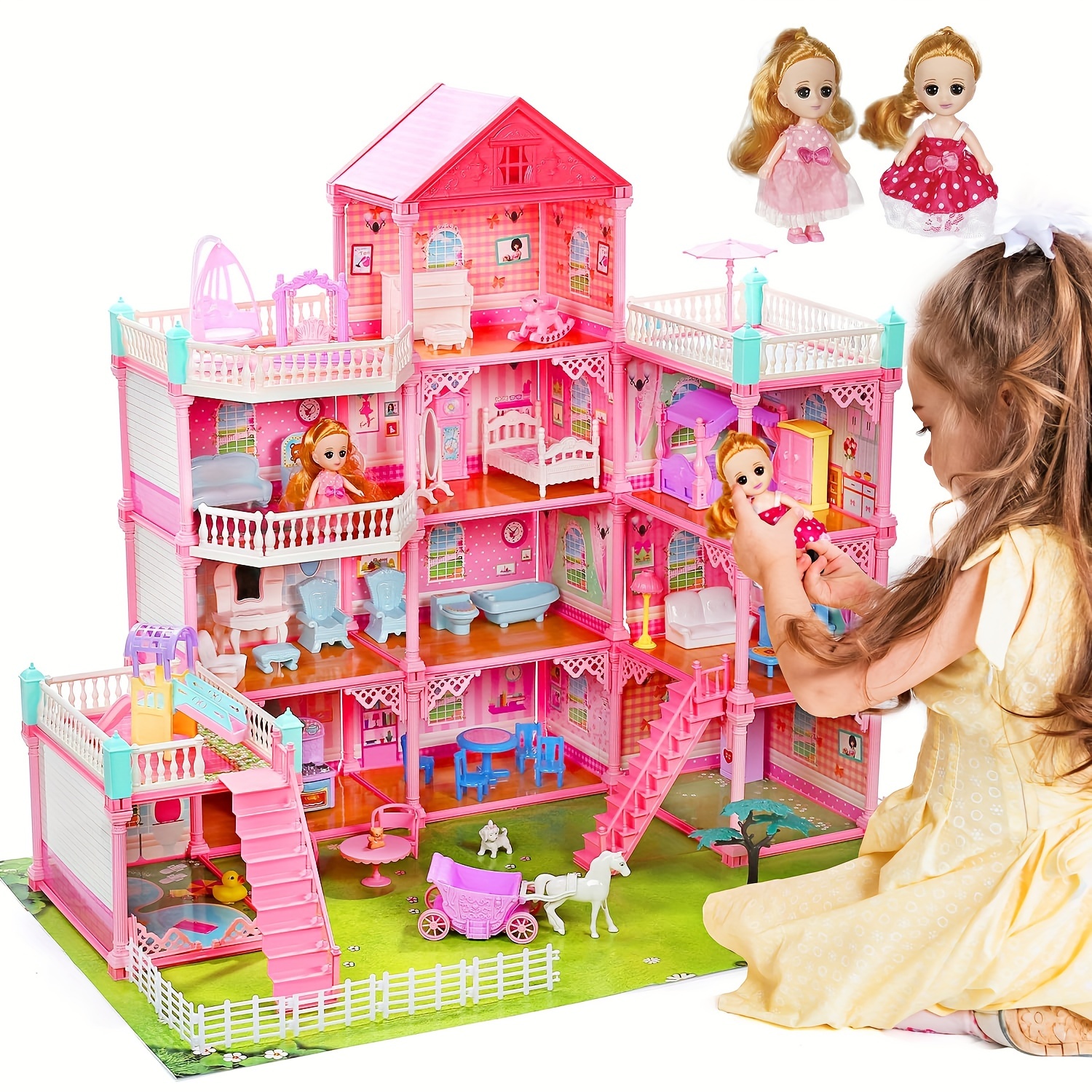 

11 Rooms Dollhouse For Girls, Huge Doll House Dollhouse With Light, Playhouse With 2 Dolls Toy Figures, Gift Toy For Kids Ages 3-8