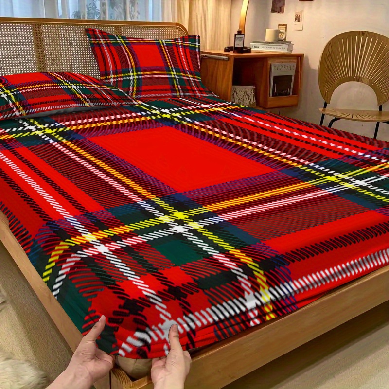 TEMU 3pcs Elastic Bed Set, Fitted Sheet Set, Polyester Material With Classic Checkered Design Pattern, 12-inch High Fitted Sheet, Suitable For Home