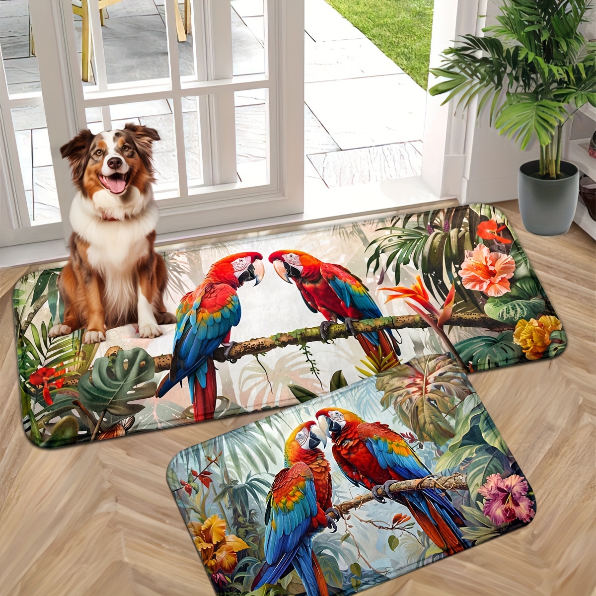 

Machine Washable Tropical Parrot Doormat Set - Non-slip Knit Polyester Entry Mats For Home - Fade-resistant Indoor Front Door/entryway Rug