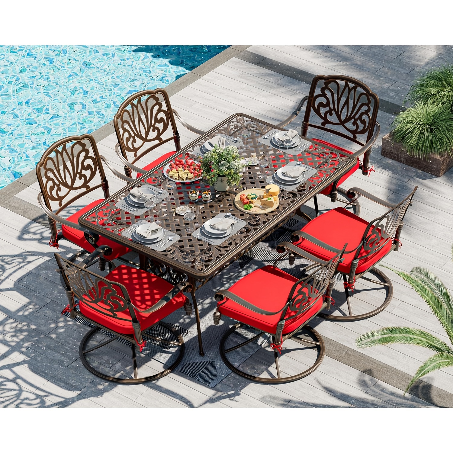 7pcs heavy duty cast aluminum patio dining set with cast   chairs red cushioned seats backs all weather outdoor furniture for backyard porch poolside durable metal construction elegant design for family   entertaining patio set outdoor dining room table and chair set dining table and chair patio furniture set outdoor dining table with chair outdoor patio furniture set patio furniture outdoor outdoor dining table and chair outdoor table and chair Product details 0