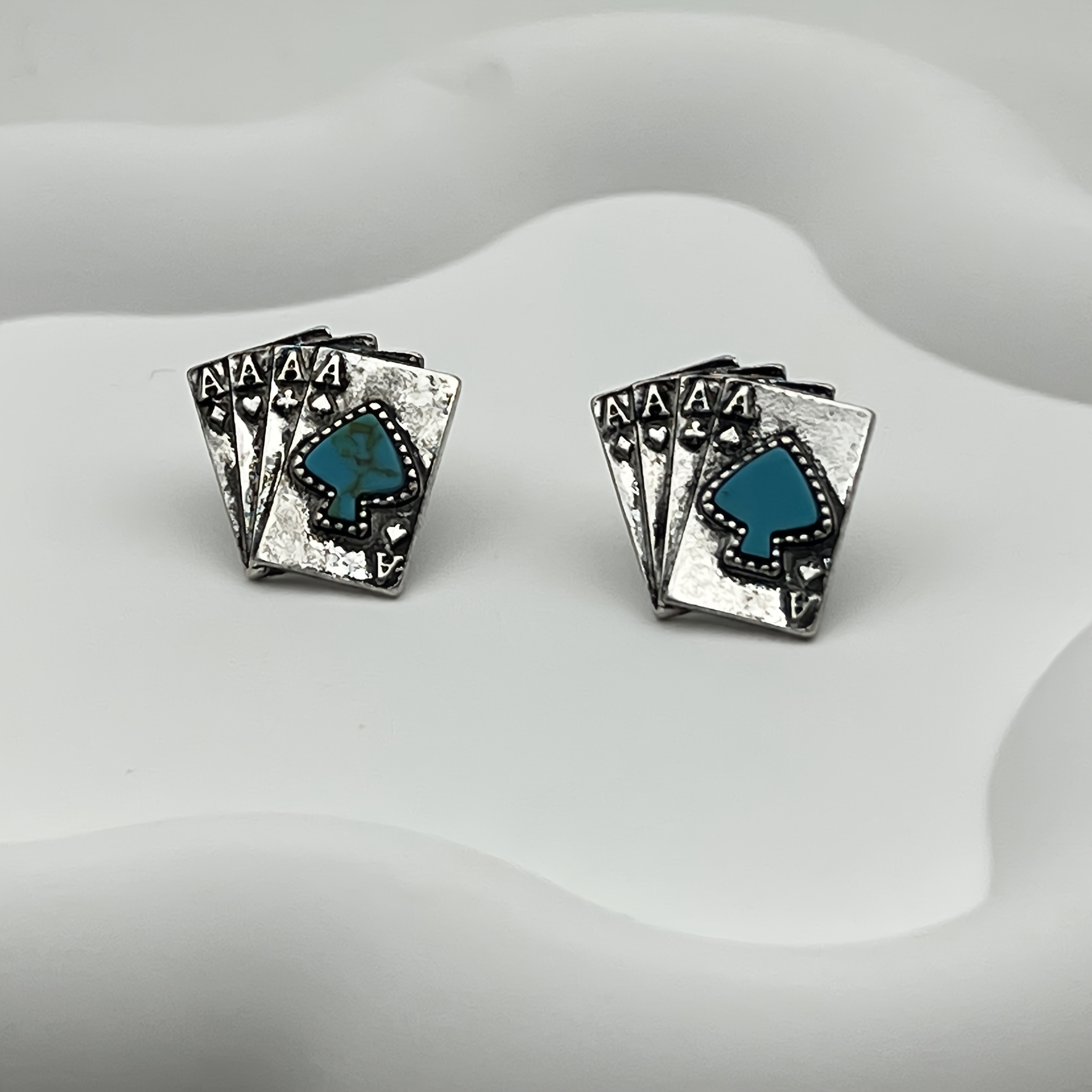 

Chic Vintage-inspired Playing Card Stud Earrings With Synthetic Turquoise - Silvery Plated, Stainless Steel Posts For & Party Wear