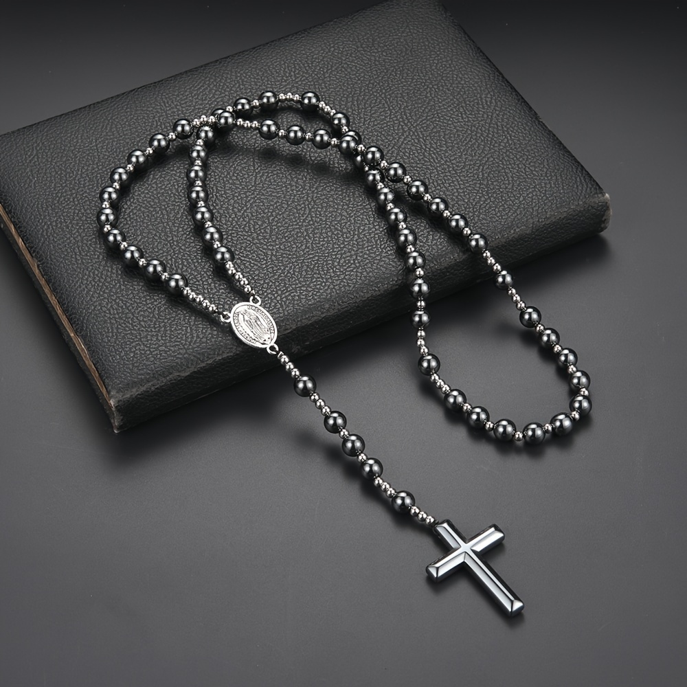 Image of Hematite Beaded Cross Pendant Necklace - Fashionable Black Long Chain Rosary For , Rosary Necklace
