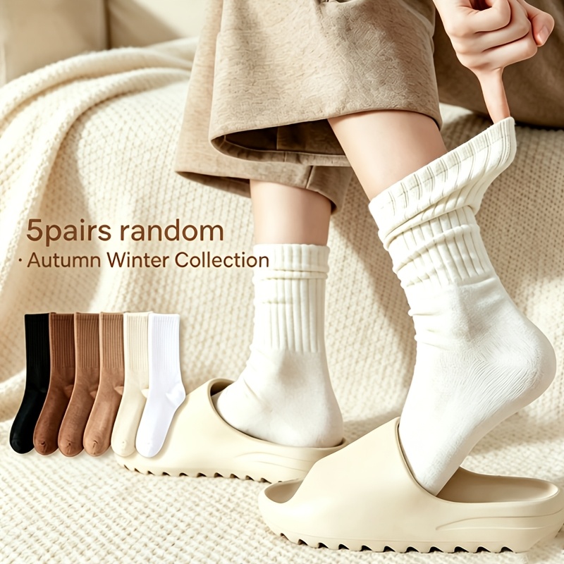 TEMU Lot de 5 paires de chaussettes , plates, faciles à enfiler, style premium, douces, polyvalentes pour femmes, chaussettes longues unisexes en