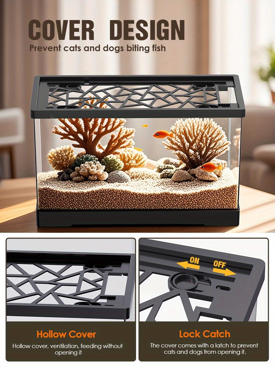 Aquarium Fish Tank Set, Includes a Covered Transparent Square Fish Tank, Fishing Net, Artificial Aquatic Plants, And Colorful Stones, Suitable for Keeping Goldfish, Bettas, Shrimp, Turtles, Hermit Crabs, And Aquatic Plants