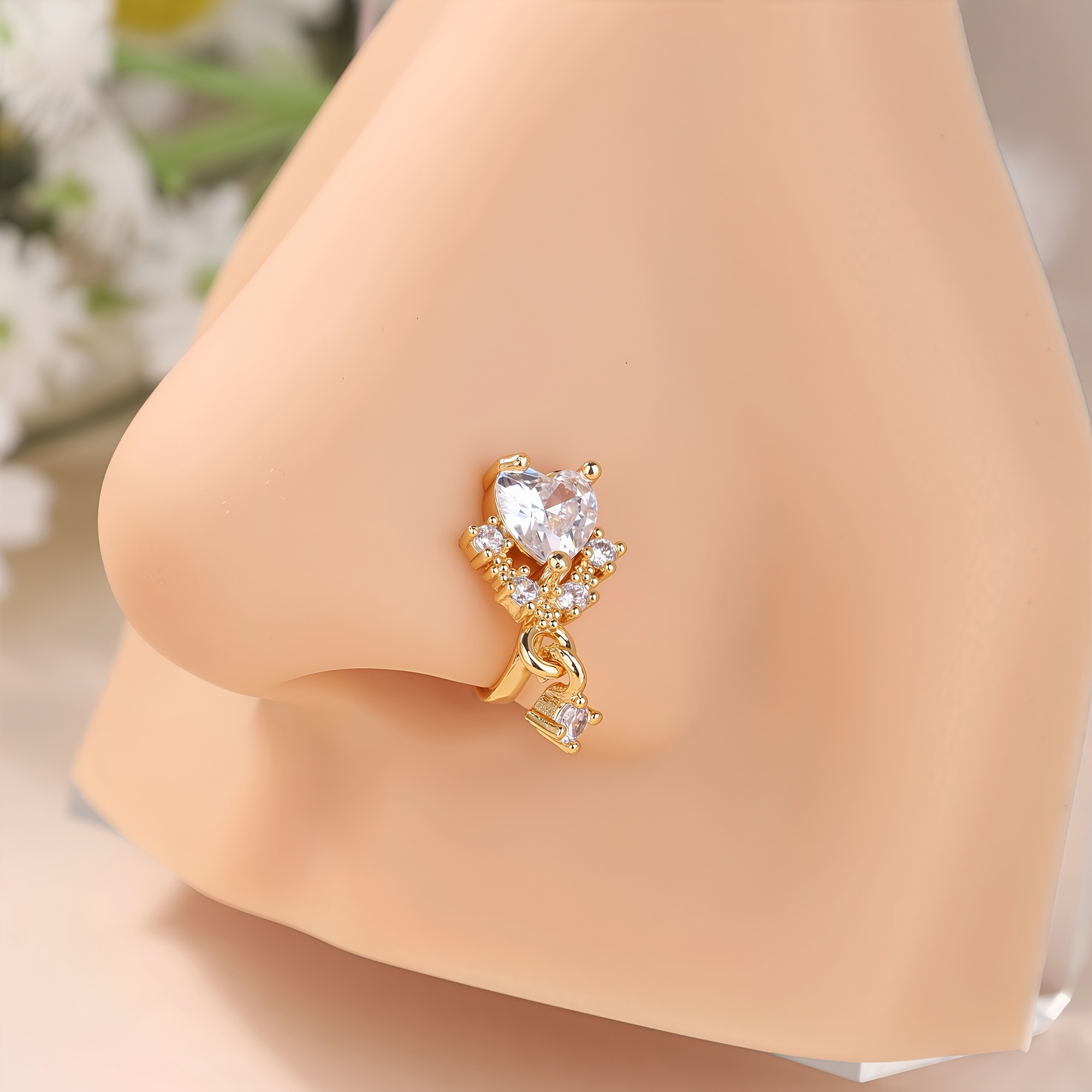 Image of 1pc Of Shiny Zirconia Heart-shaped Nose Ring, Copper Clip-on Nose Ring, Non-piercing Zirconia Nose Jewelry For Women