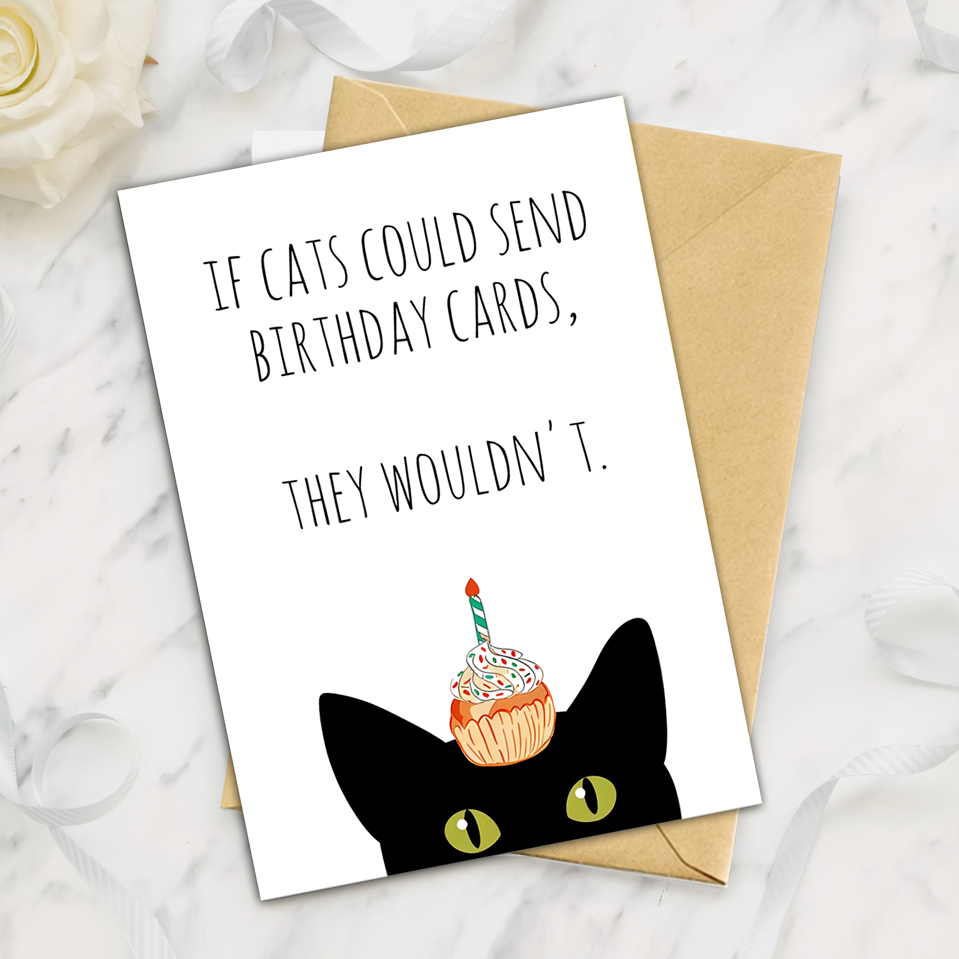1pc with Envelope, Fun Animal Birthday Card: Cute Black Cat with Cupcake and Candle