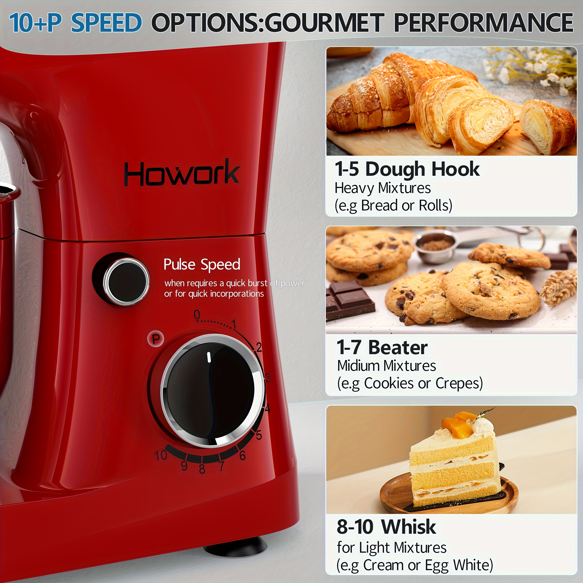HOWORK 10-Speed 5L Electric Stand Mixer with Attachments