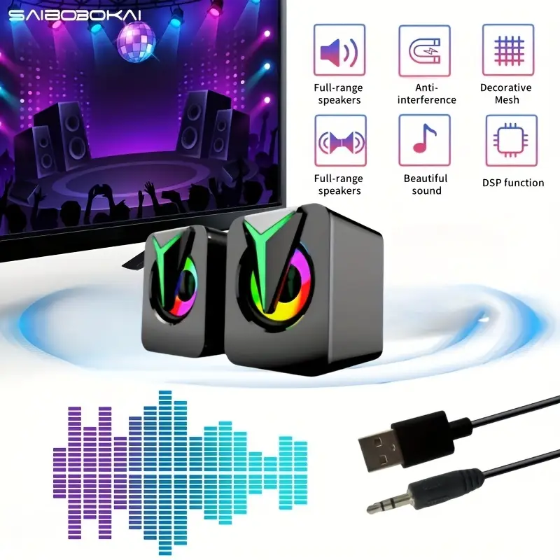 1pc saibobokai super powerful hifi mini usb computer speakers with rgb ambient lights dual bass speakers 2 0 surround sound usb powered desktop speakers for pc phone tablet tv car camping stylish gift for home theater audio enthusiasts portable speakers multimedia audio gear durable enthusiasts details 1