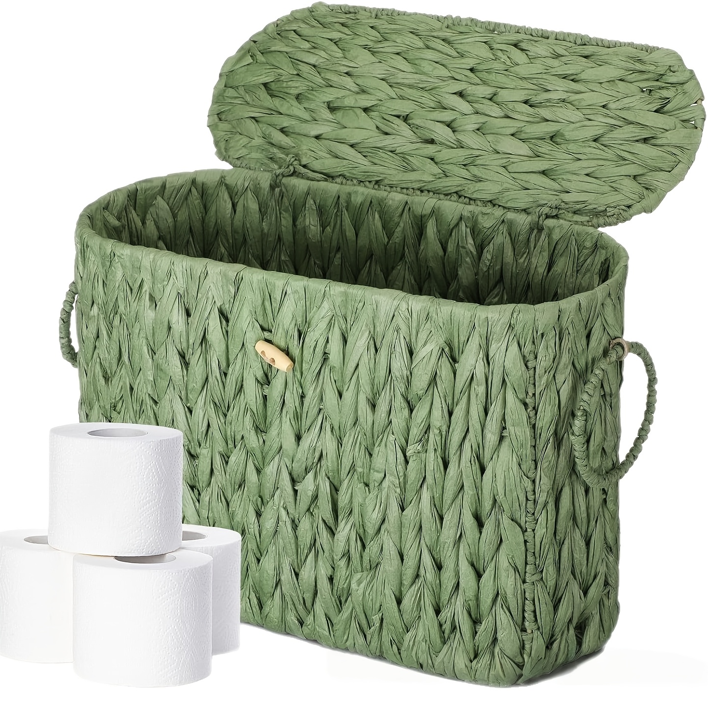 TEMU Green Paper Rope Storage Basket With Lid Green Toilet Paper Storage Basket Wicker Woven Bathroom Basket Toilet Paper Holder To 6 Woven Organizer
