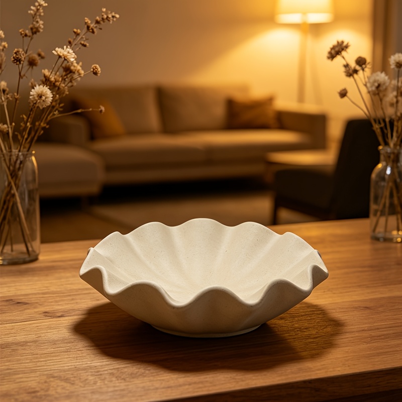 TEMU Plateau en céramique texturé mat et avec motif floral, plat décoratif à bordure volantée irrégulière, assiette de rangement esthétique pour