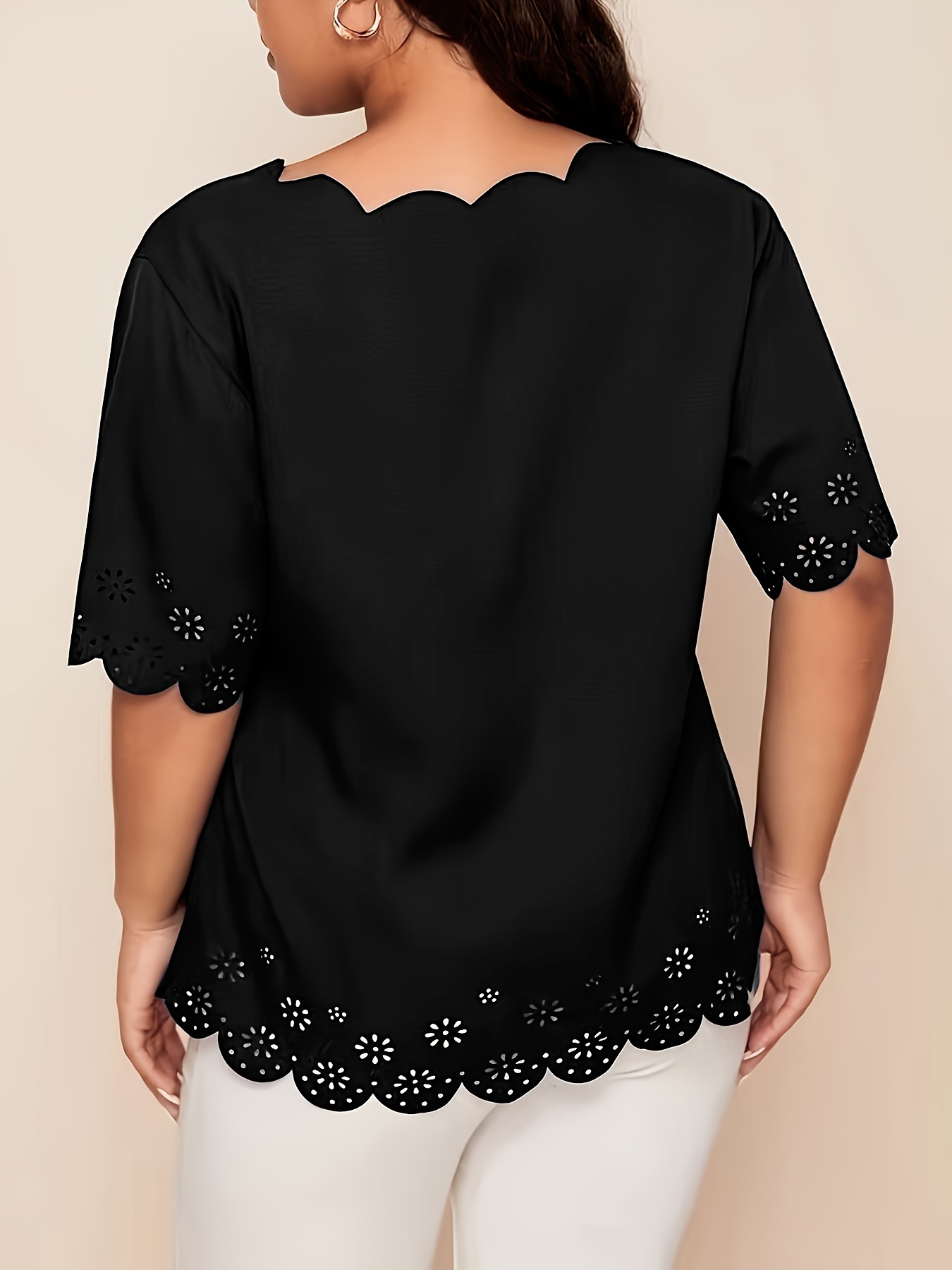 Plus Size Elegant V-Neck Blouse with Short Puff Sleeves - Navy Blue, Lace Embroidery Detail, Non-Stretch Fabric, All-Season Shirt for Women, Casual Attire|Vneck Blouse|Lace Embroidery