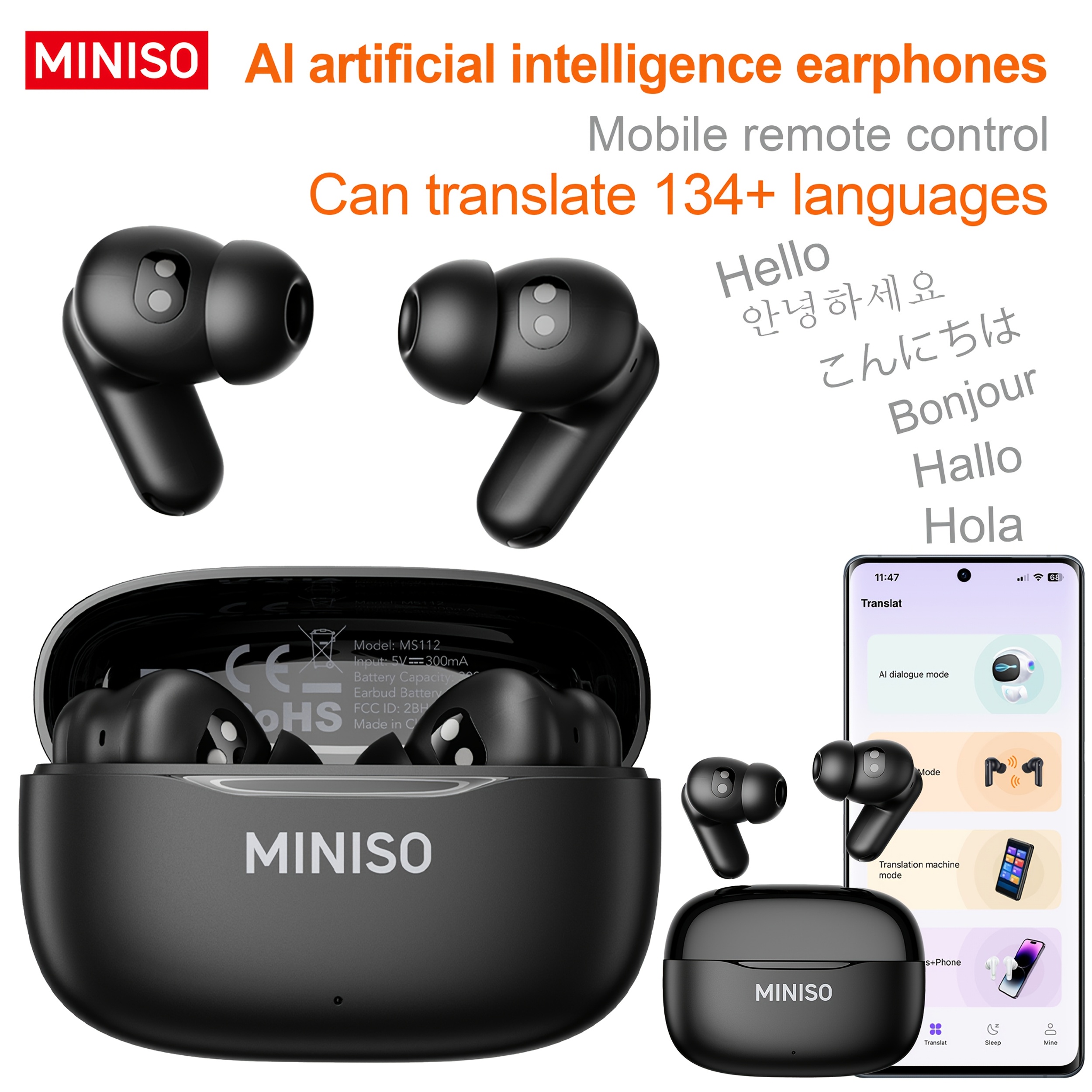 TEMU Miniso Ms112 Real-time Translation Headphones | Supports 135 Languages, Bidirectional Translation, Heart Rate & Oxygen Monitoring, Music & Call
