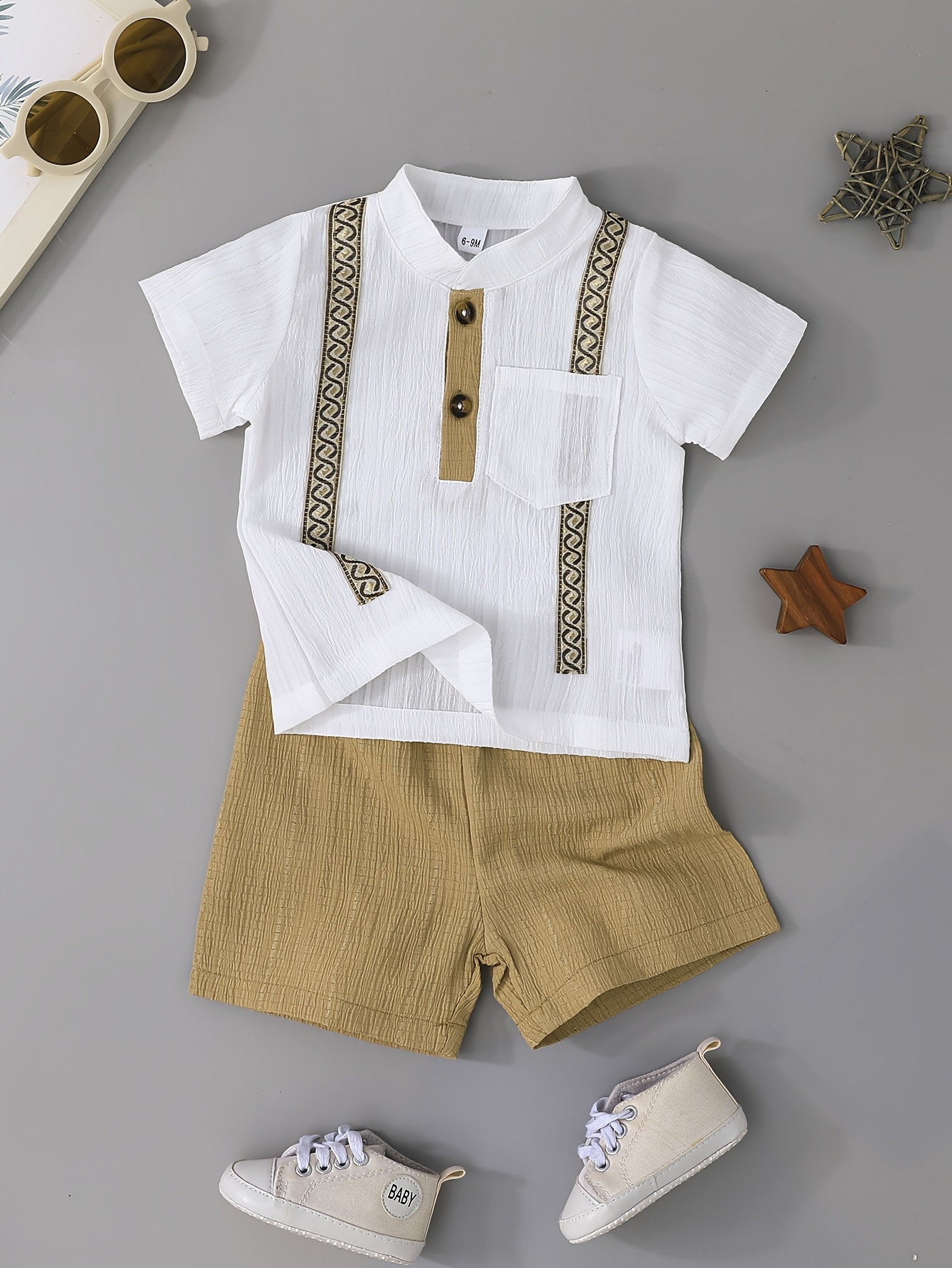 Two-Piece Set for Baby Boys Featuring a Decorative Ribbon Pocket Top And  Solid Color Shorts, for Outdoor