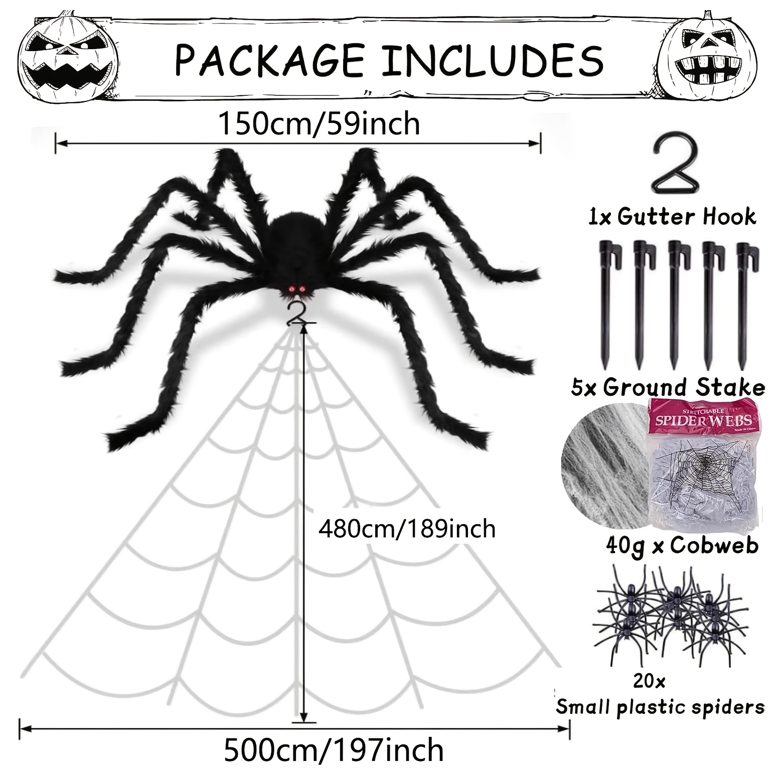 Image of 29pcs 197 Inch 150 Black +40 Grams Of +20 Small With 1 Hook And 5 Ground Stakes, Fake With Triangular Huge Web For Halloween Outdoor Indoor Decor Haunted House Porch Yard