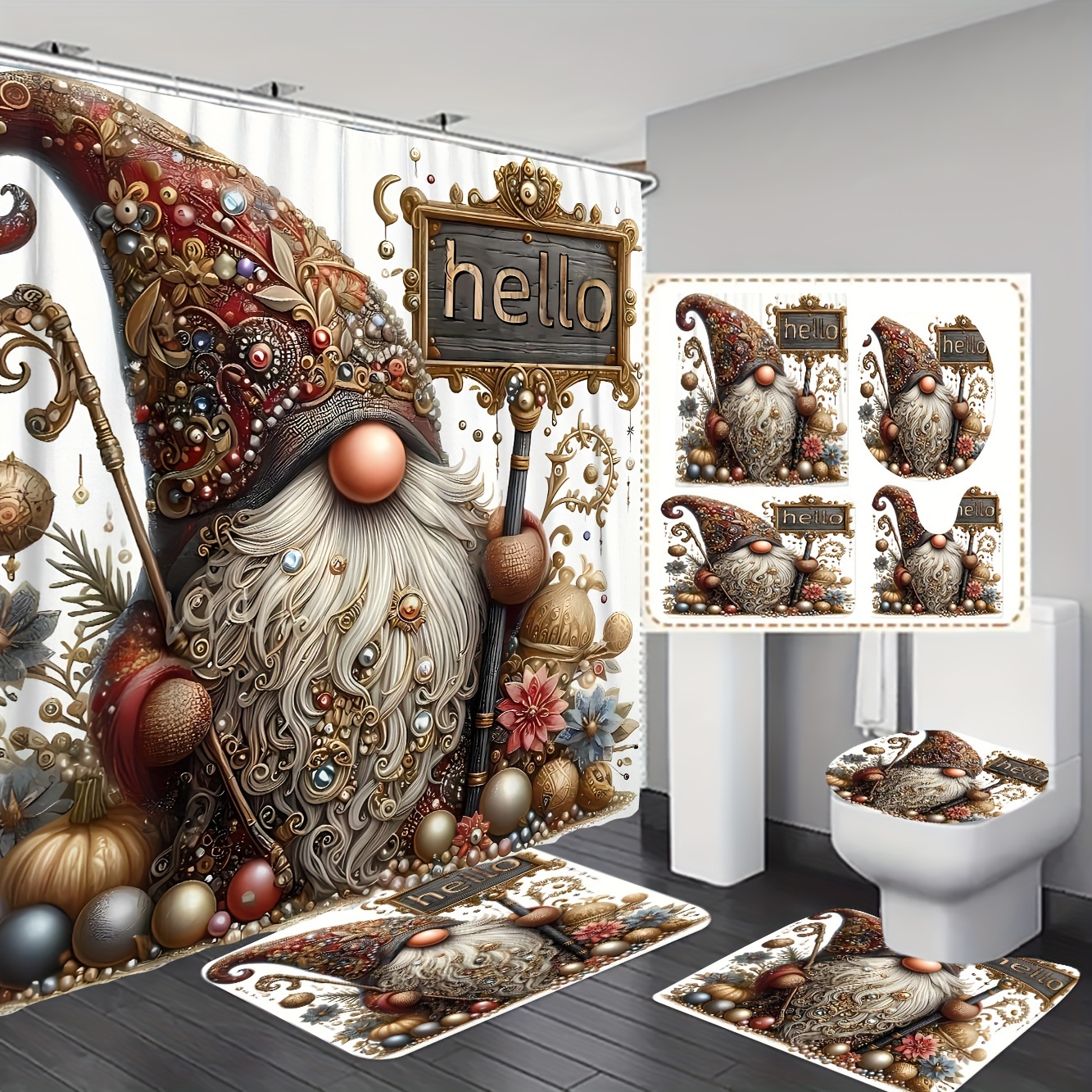 

Vintage Luxury Pearl Pumpkin Gnome Bathroom Set - Includes Shower Curtain, Non-slip Rug, U-shaped Mat & Toilet Lid Cover (1pc/3pcs/4pcs Options)