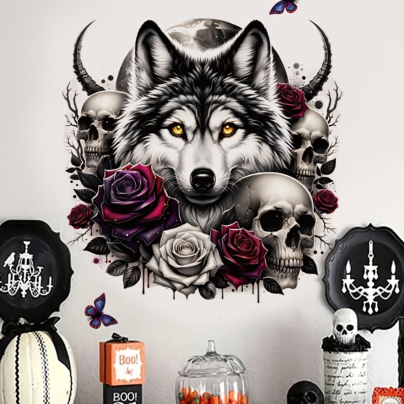 Image of Self-adhesive Wolf & Rose Gothic Wall Decal - Removable Pvc Sticker Suitable For Bedroom, Living Room - Theme With Rose Flower, Installation, No Residue, Removable Wallpaper For Decor