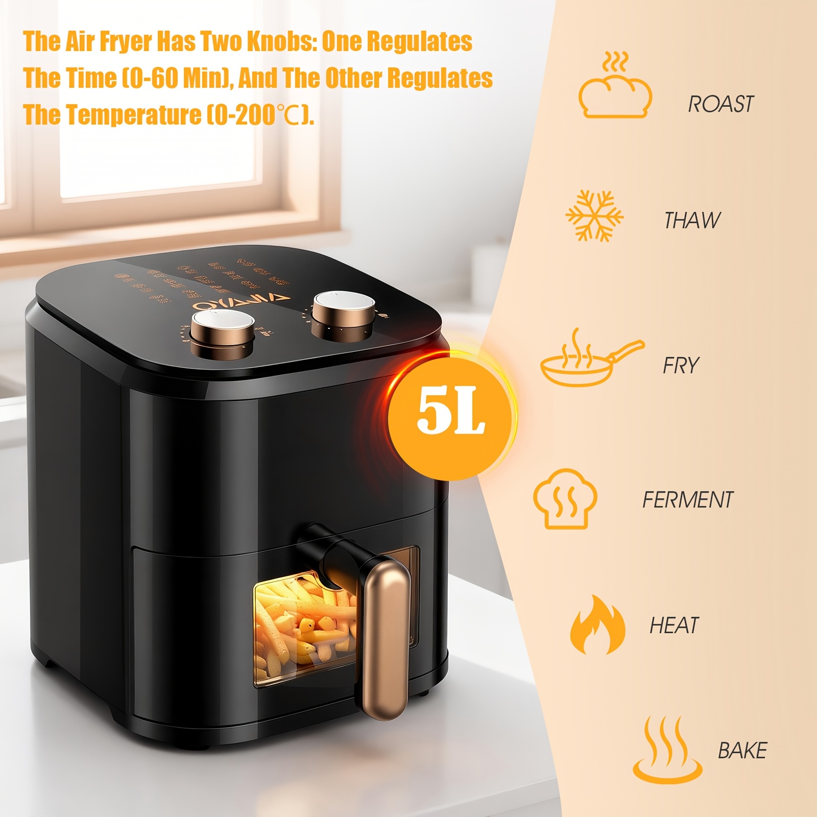 Friteuse à Air 5L, Capacité Familiale Améliorée, Fenêtre Visuelle, Température Réglable, Minuterie de 60 Minutes, 15 Recettes, Panier Carré en Acier Inoxydable, Réchauffage des Restes, Cuisine Facile pour Petit-Déjeuner et Dîner Plus Sains en Quelques Minutes