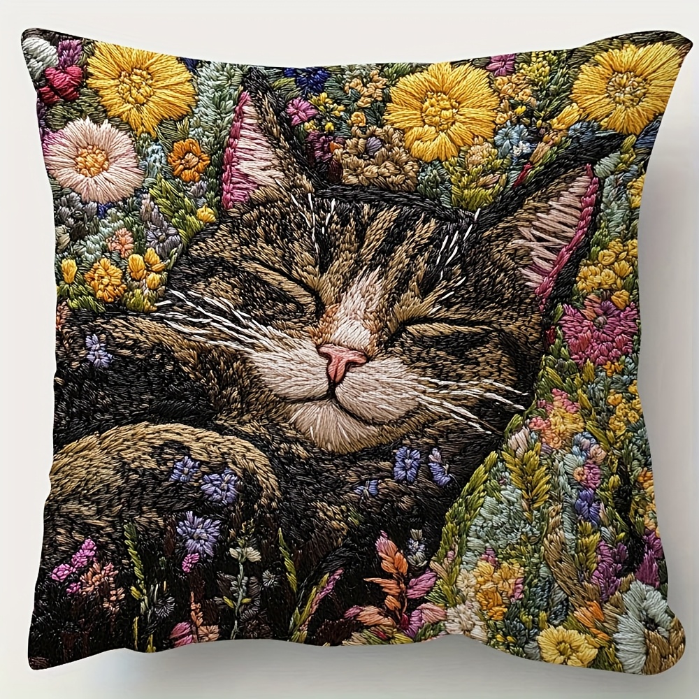 

1pc Vintage Style Embroidered Cat Design Pillow Cover, 18x18 Inch, Double-sided Print, Polyester, Machine Washable, Zipper Closure, Decorative For Room Types (pillow Insert Not Included)