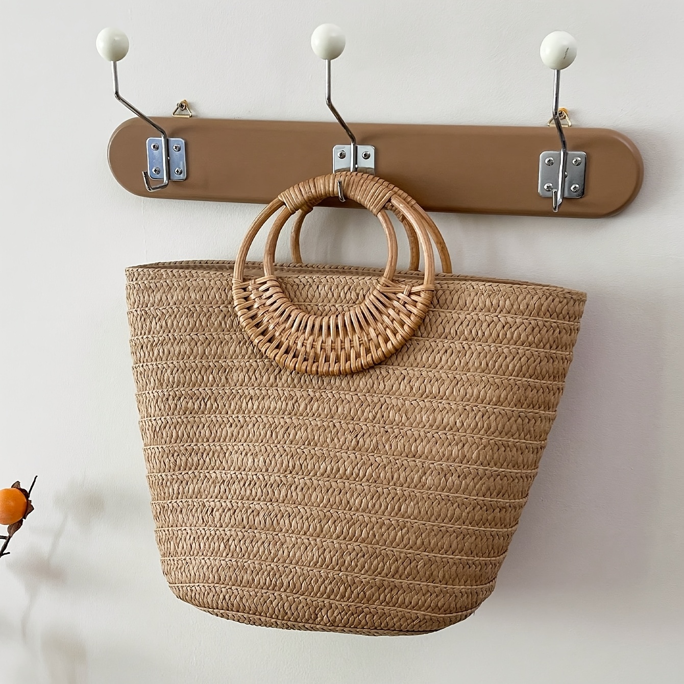 TEMU A Stylish And Casual -style Large-capacity Solid-color Woven With A Round Wooden Handle. A Women's Beach Tote Bag, Suitable For Outdoor , Seaside Trips, And Shopping, And Daily Commutes