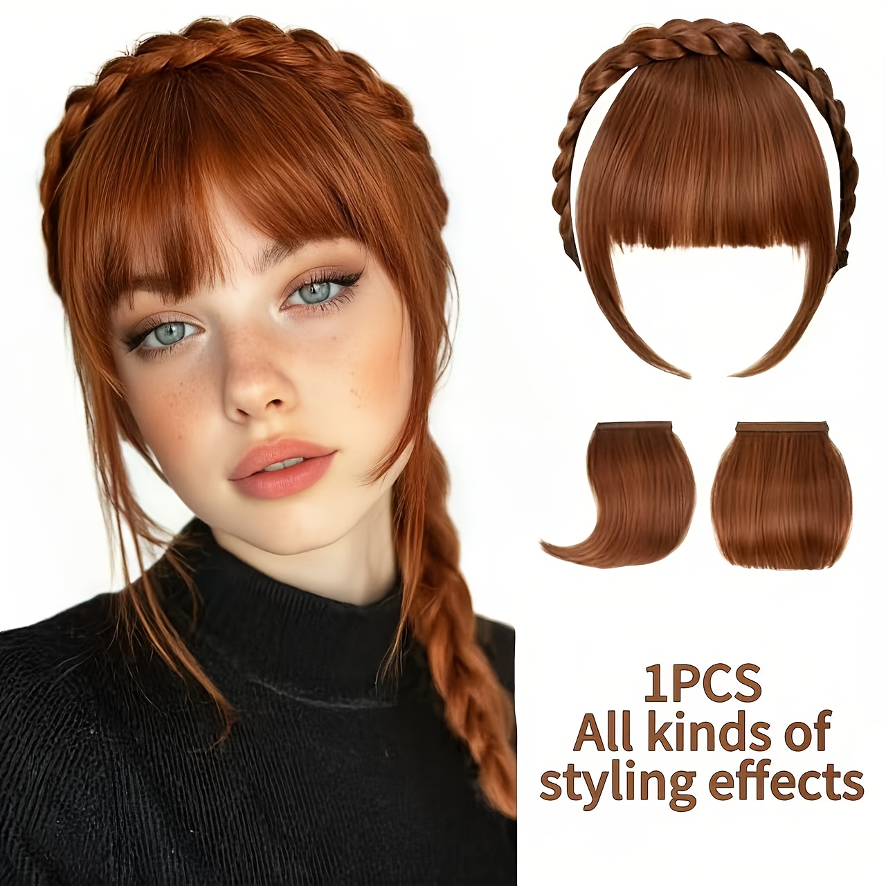 TEMU 1pc Fake Bangs Hairpiece With Braided Headband, On Hair Extensions For Women, Natural Look Hair Bun Pieces For All Styling Effects"
