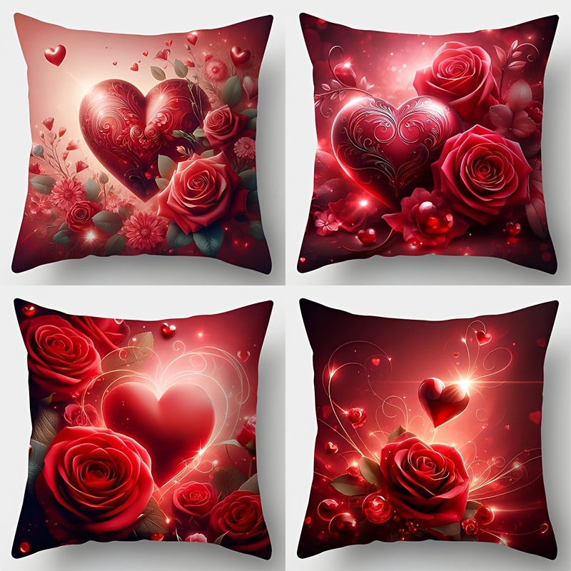 

4-pack Valentine's Day Pillow Covers, Contemporary Love Rose And , 18x18 Inch, Red Floral Polyester Sofa Cushion Cases, Hand Wash, Zipper Closure, Living Room Decor