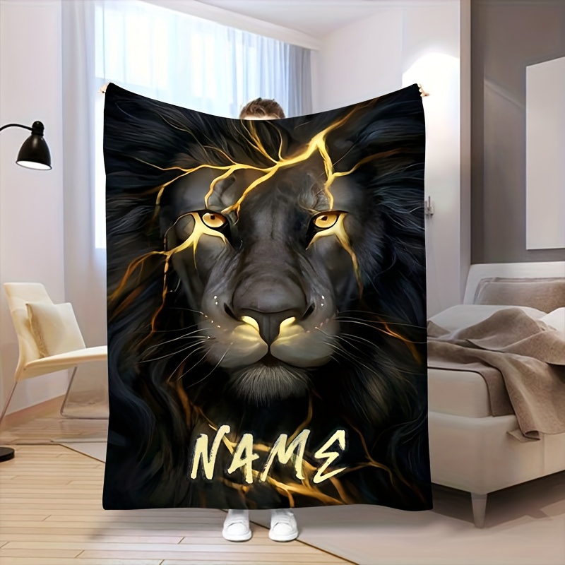 

Customizable Name Black And Golden Cool Lion Design Flannel Throw Blanket – Contemporary Geometric-patterned, Hypoallergenic, Multipurpose, Hand Wash, Digital Print, 100% Polyester, All Seasons