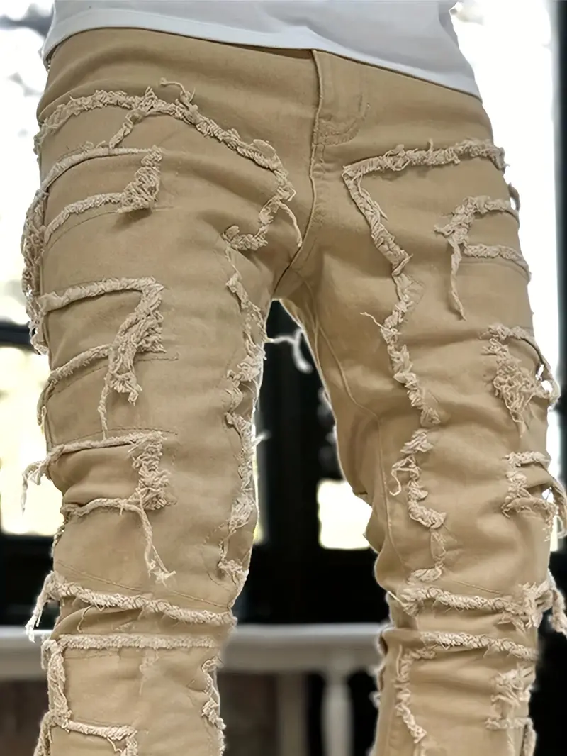 creative tassels decoration straight fit jeans mens casual medium stretch street style denim pants for all seasons khaki 2