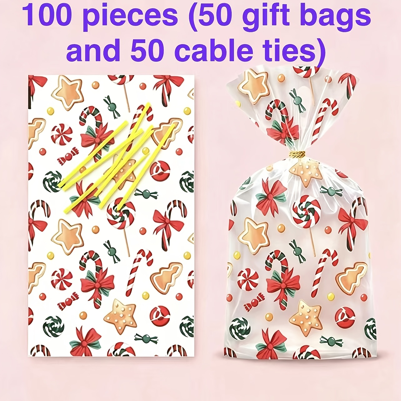TEMU 100pcs Set Christmas Tree Gift Packaging Bags (includes 50pcs Bags And 50pcs Ties) Christmas Gift Box Party Scene Decoration, Star Handmade Bag,