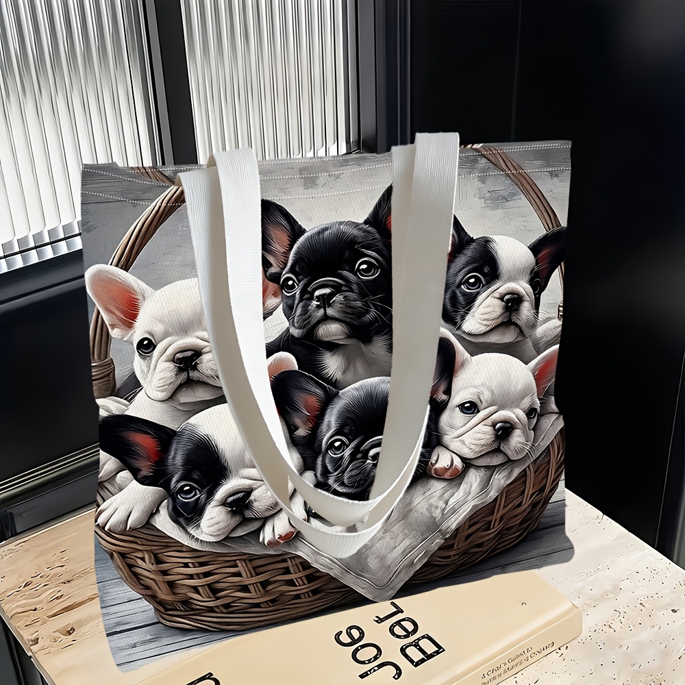 TEMU 1pc, Women's Shoulder Bag With French Bulldog Theme In Basket, Multifunctional, Handbag, Clutch, Evening Bag, Travel Essential, Fashion Casual,