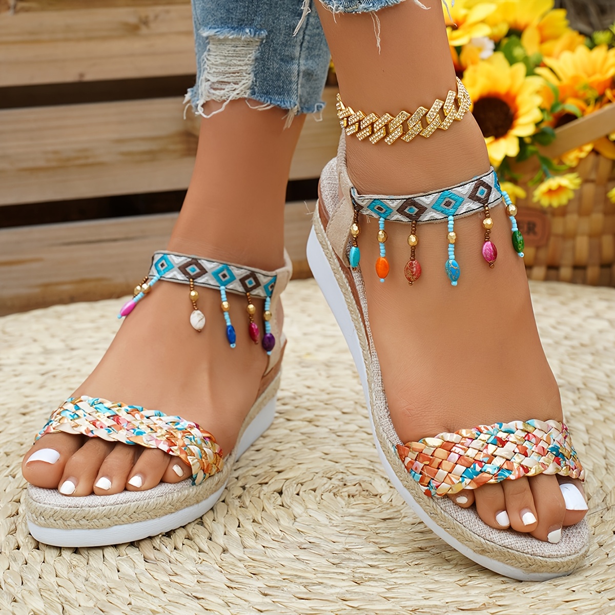 TEMU New Summer Tassel Sandals, Bohemian Ethnic Style Woven Wedge Sandals For Women, Colorful Beaded Tassel Open-toe , Vintage Webbing Elastic Back