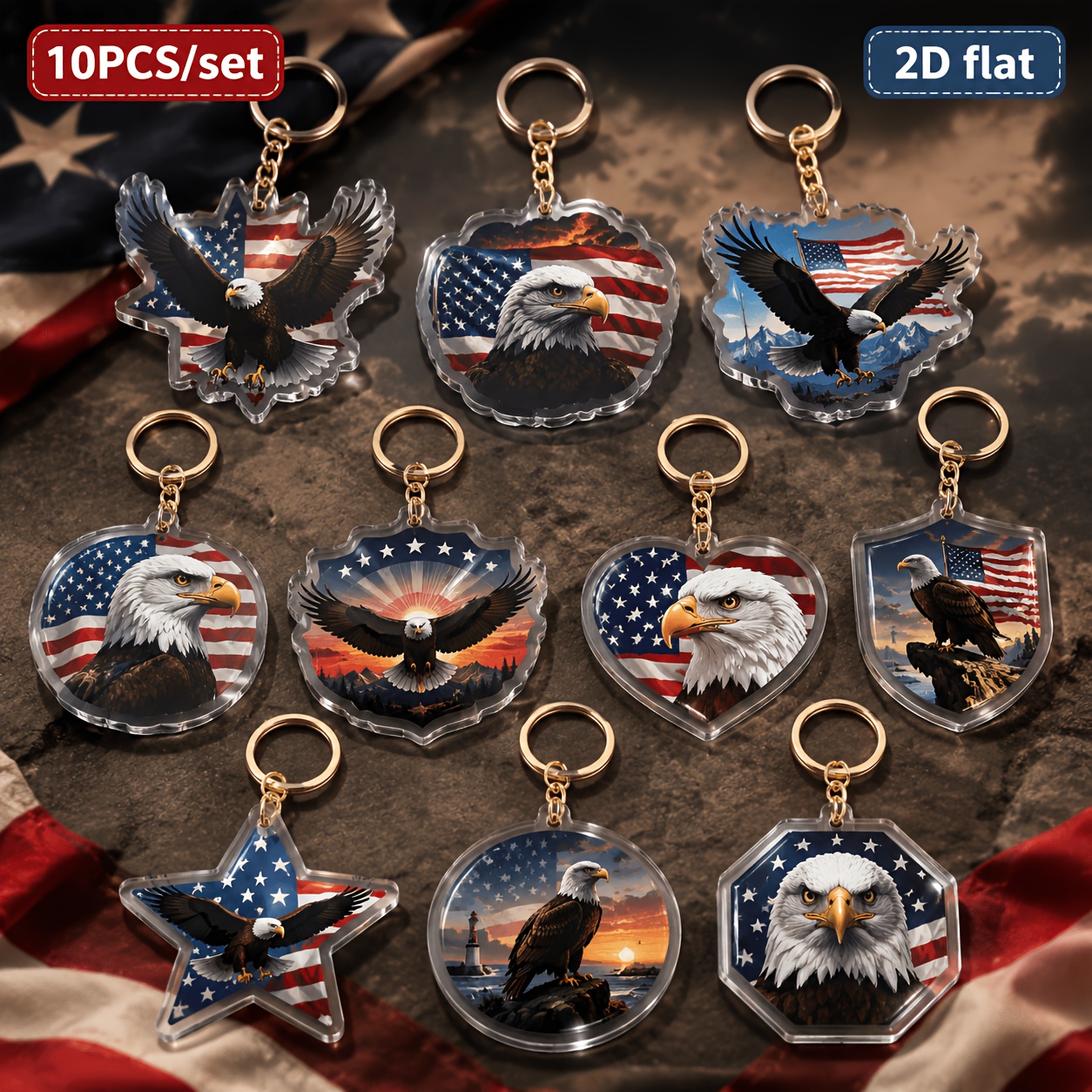TEMU 2d Flat, 2-d Flat 10pcs Set, Patriotic Flag Bald Eagle Keychain, Backpack Charm, Unisex, Suitable For Couple Keychains, Car Keychains,