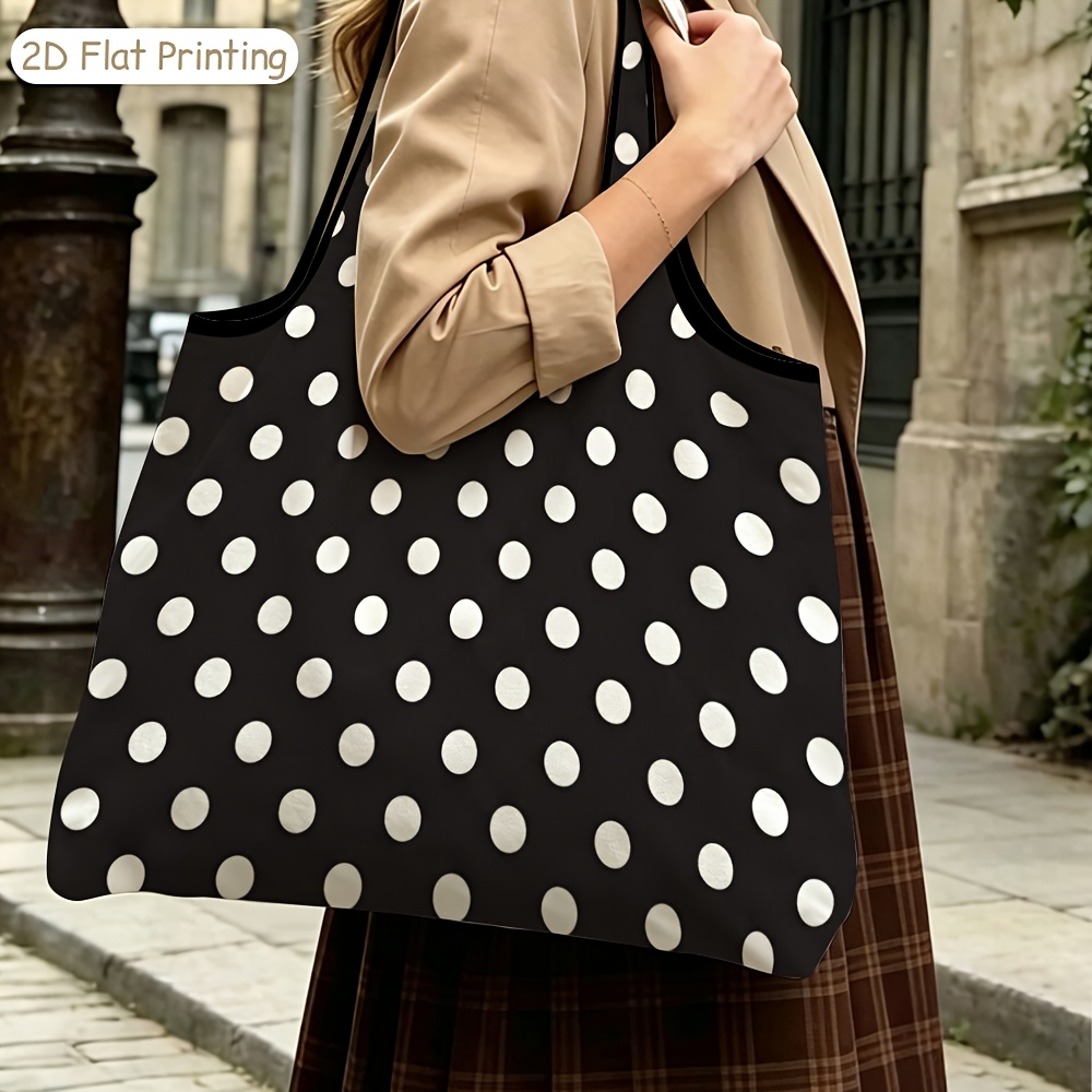 TEMU 2d Flat Printing, 1pc Portable Shopping Bag, Black And White Polka Dot Art Decorative Painting Ladies Pvc Printed Tote Bag, Shoulder Bag,