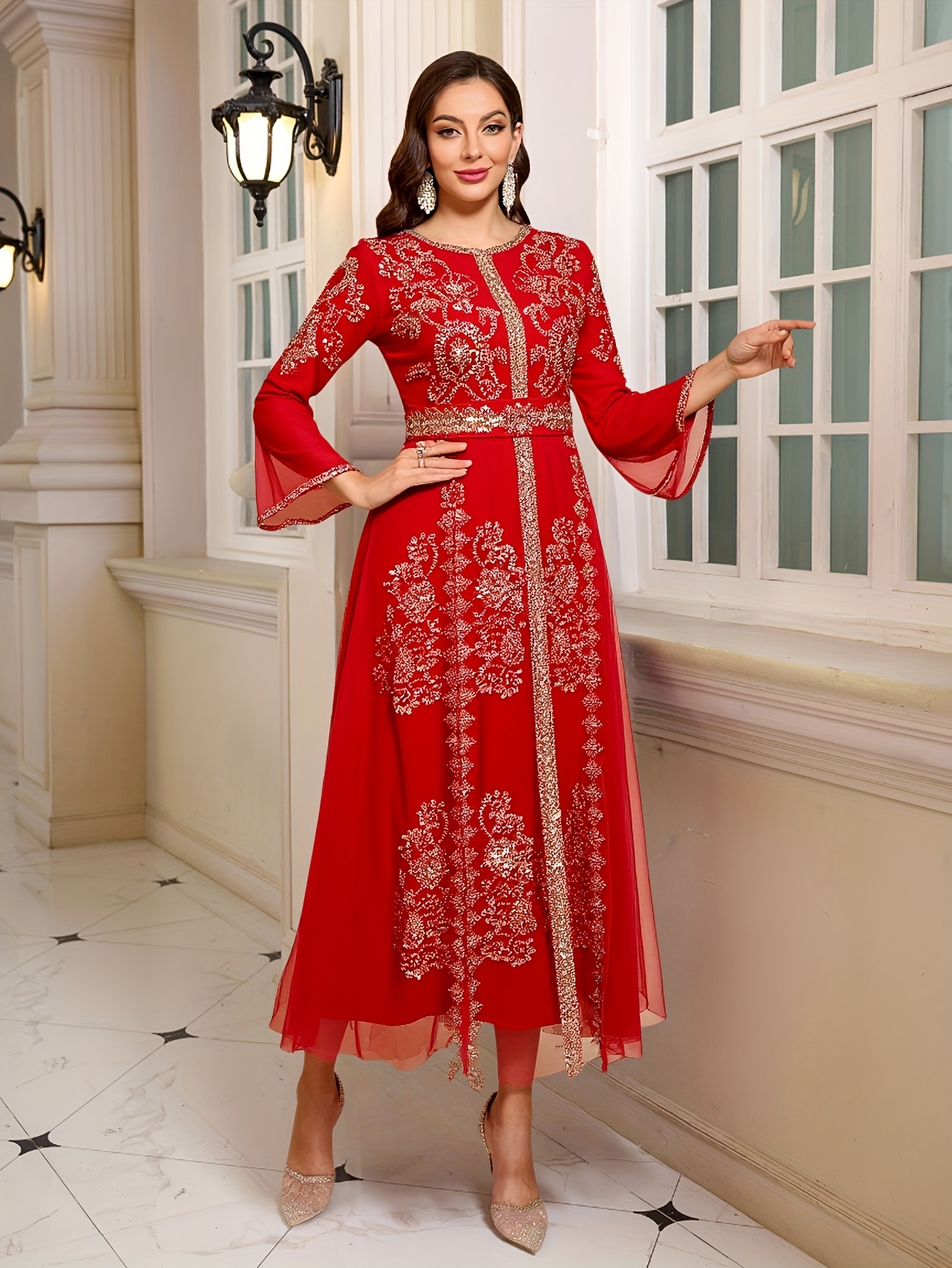 elegant red embroidered maxi dress golden accents long - Temu Mauritius
