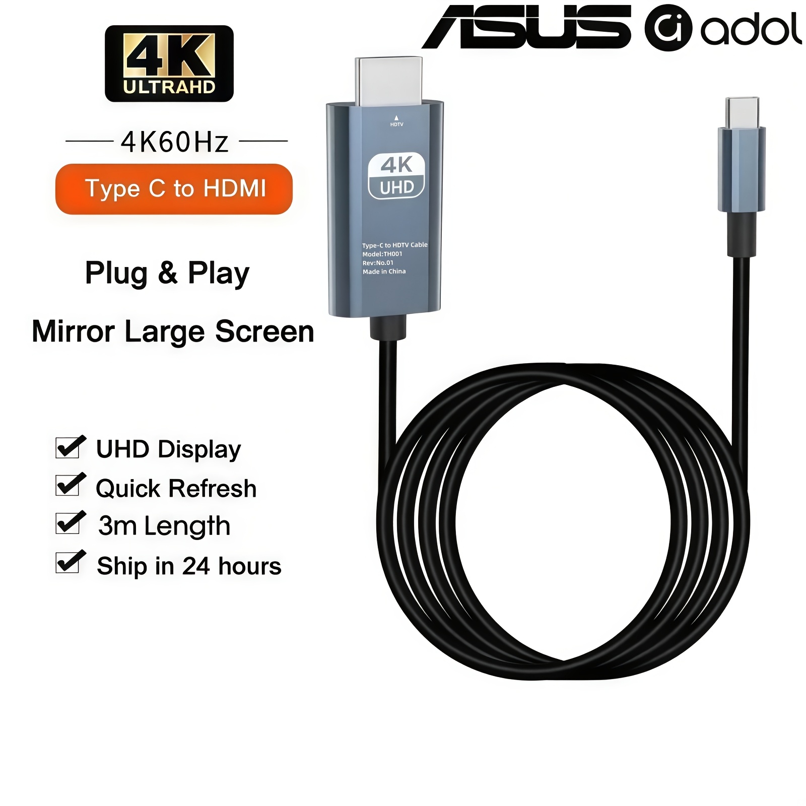 Image of Asus Adol Usb-c To Hdtv Cable Compatible For 4k@60hz & 2k@144hz, Plug-and-play Usb-c Male To Hdtv Female Suitable For Gaming Consoles, Smartphones, Laptops, Tvs, Transmission For / /pc/hdtv Adapters