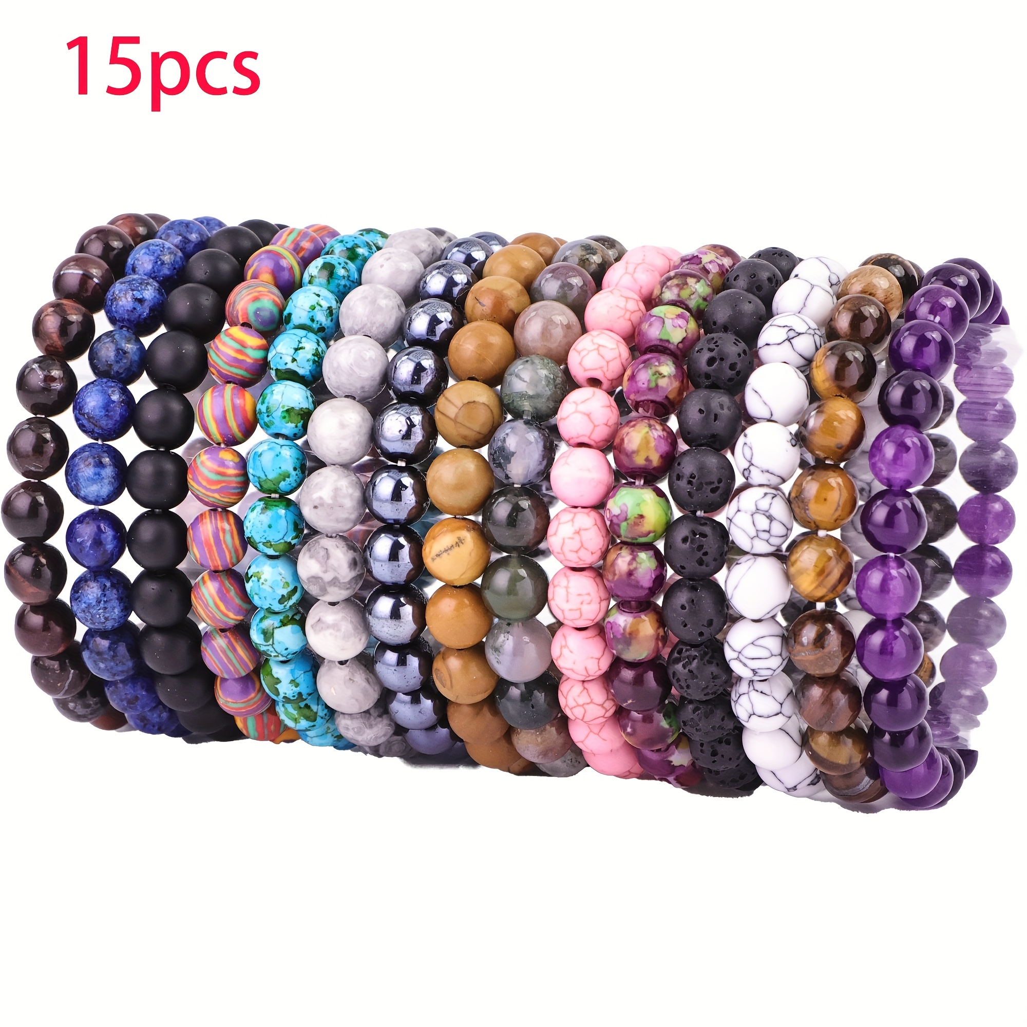 Image of 15pcs Round Stone Bead-shaped Women's Bracelets - Natural Stone Bracelets, 8mm Round Bead-shaped Elastic Bracelets, Suitable For Men And Women, Gift For