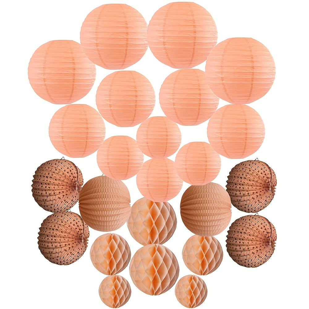Image of 24pcs Peach Paper Lantern & Honeycomb Set - Perfect For Valentine's Day, Weddings, Thanksgiving & Festive Decorations, Apricot Watermelon, Pendant Assortment