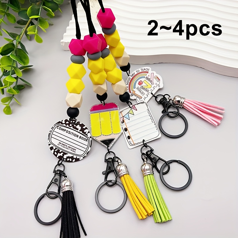 

4pcs/set Fashion Teacher Gift Silicone Bead Acrylic Pencil, Teacher, Notebook With Tassel Acrylic Keychain, Lobster , Silicone Bead Chain, Tassel Pendant, Perfect Accessory For Teacher