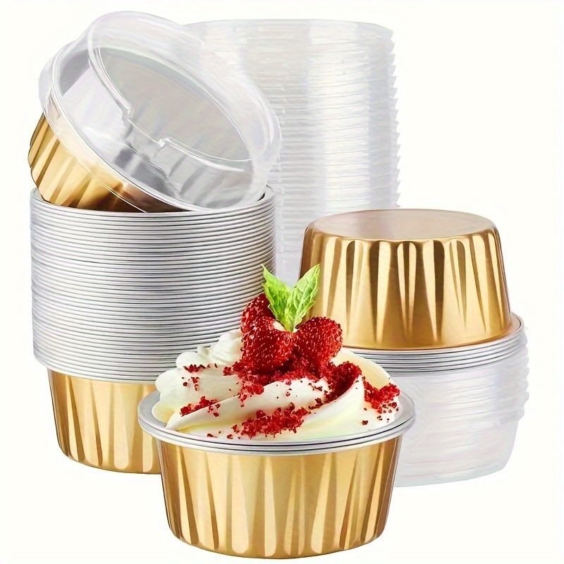 

50-pack Disposable Golden Aluminum Foil Dessert Cups With Lids - Bpa-free Cupcake Ramekins, Cheesecake Bake Pans, Party Serving Containers Lead Free