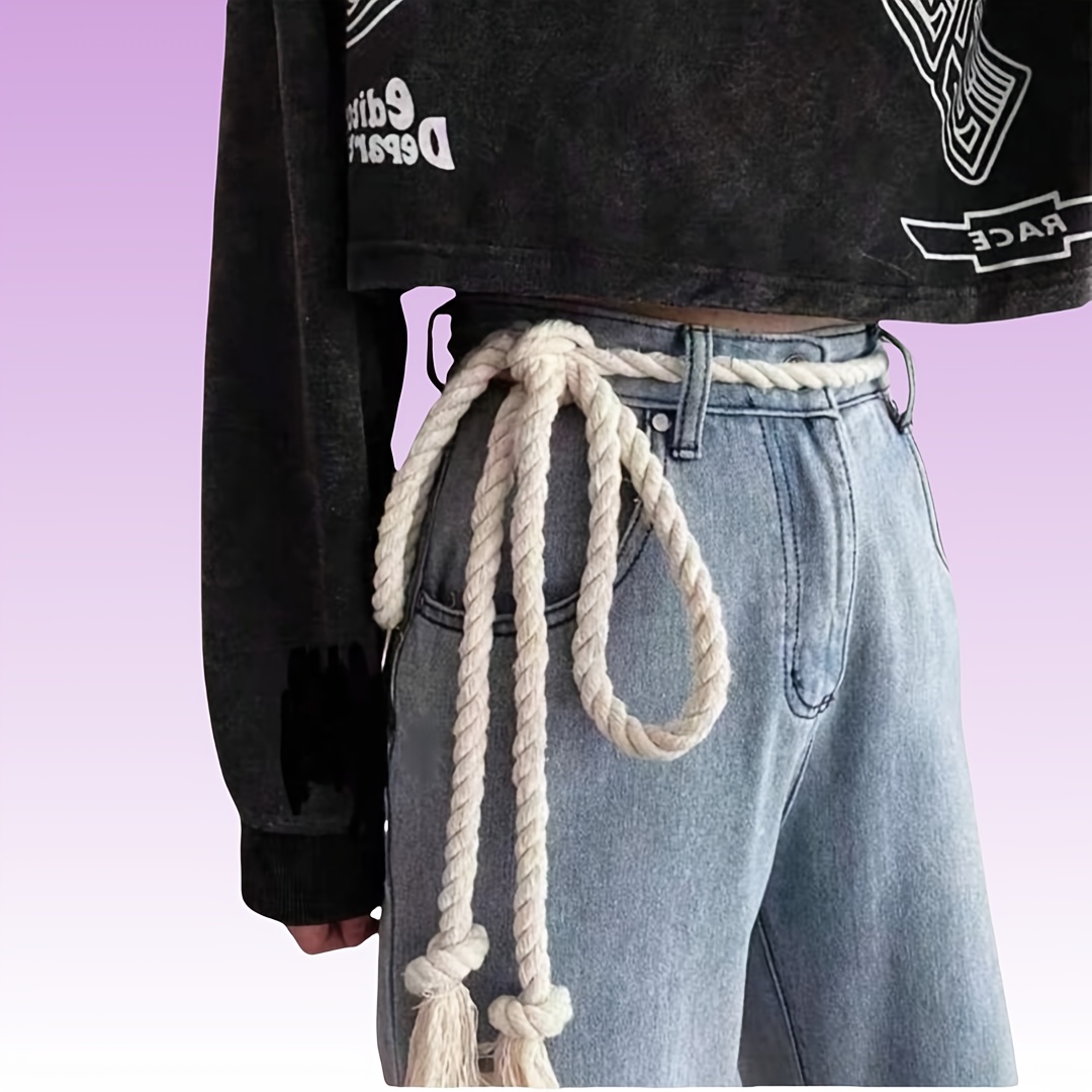 Image of 1pc Vintage Unisex Braided Rope Belt, Y2k Style, Thick White Rope With Black Checkered Pattern, Versatile Accessory, Hand Washable, Perfect For Casual Wear