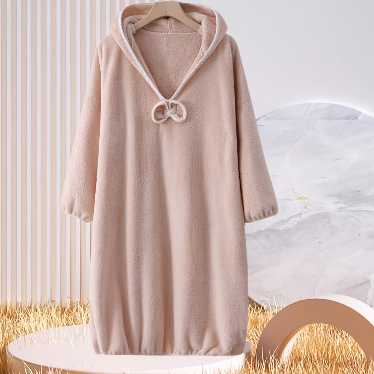 Image of Autumn Winter Long-sleeved Coral Fleece Bath Robe Wearable Absorbent Soft Cute Bow Unisex Ideal Gift