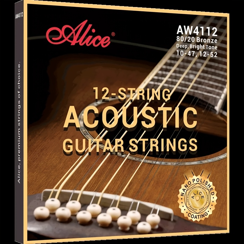TEMU Jeu de cordes de guitare folk 12 cordes AW4112L, cordes brillantes en acier à haute teneur en carbone enduites, âme hexagonale en acier à haute
