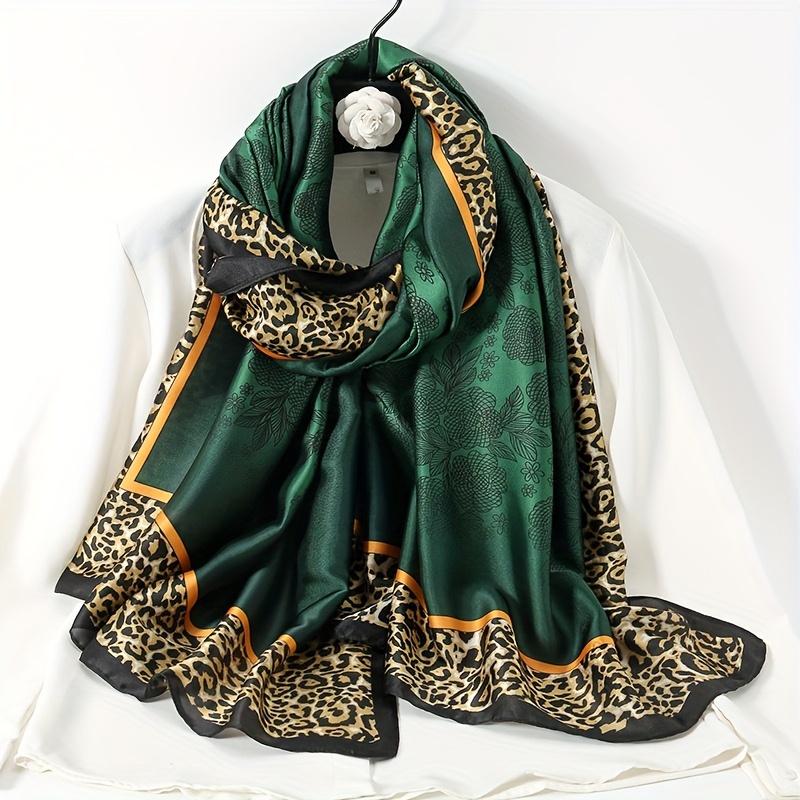 

Luxury Green Simulated Silk Scarf For Women, Classic Leopard Print Mid-length Shawl Wrap For Spring And Autumn, Elegant Accessory For Every Occasion