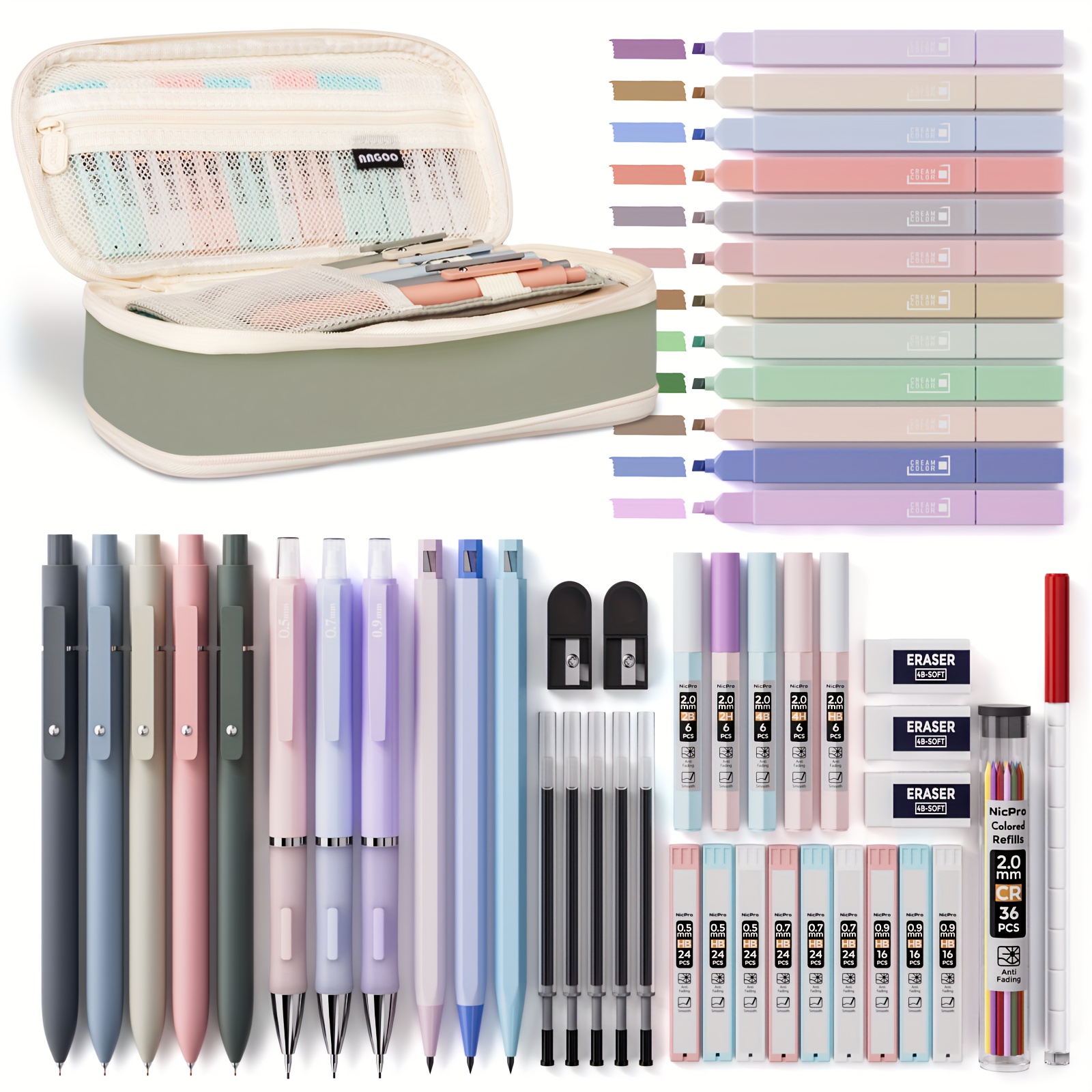 

Nicpro 50pcs Aesthetic School Supplies With Pen Case, 5 Quick Dry Retractable Black Ink Pens, 12 Pastel Highlighters, 6 Pastel Mechanical Pencil Set 0.5 & 0.7 & 0.9 & 2.0mm For Students Stationary