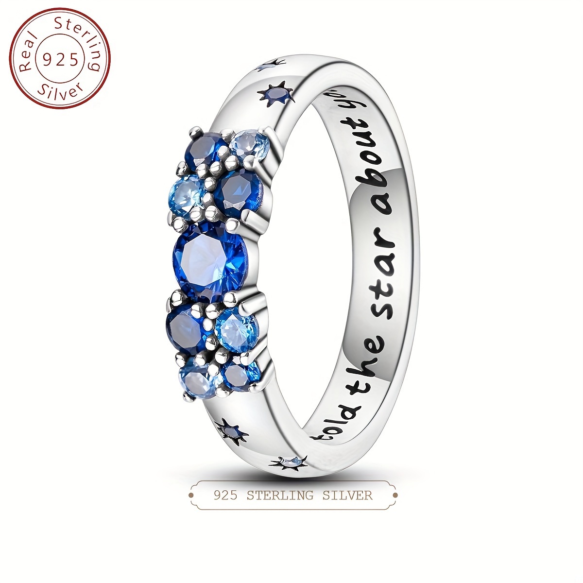 

Classic S925 925 Sterling Silver Stackable Star Engraved Blue Zircon Female Finger Rings For Women Wedding Party Engagement Jewelry Gift