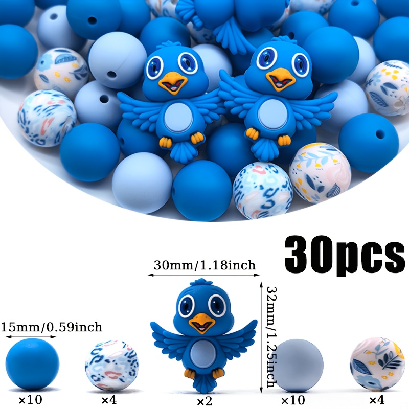 TEMU 5/30pcs Silicone Beads, 3d Stereoscopic Blue Bird Style, With Round Printed Mixed Loose Beads, Suitable For Handmade Jewelry Making, Bracelets,
